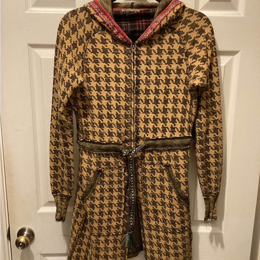 Houndstooth Norwegian Hooded Knit Cardigan